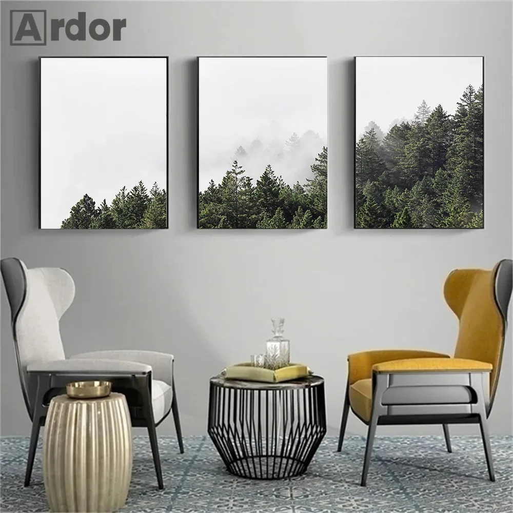 Природа Туманная Гора Туманный Лес Зеленый Настенное Искусство Холст Картина