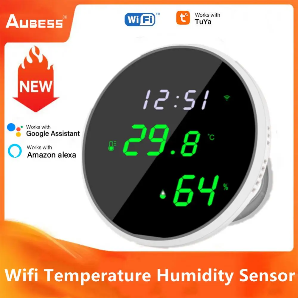 

Датчик температуры и влажности Aubess Tuya с Wi-Fi, ЖК-экран, управление через приложение, детектор сигнализации в помещении, поддержка Alexa/Google Assistant