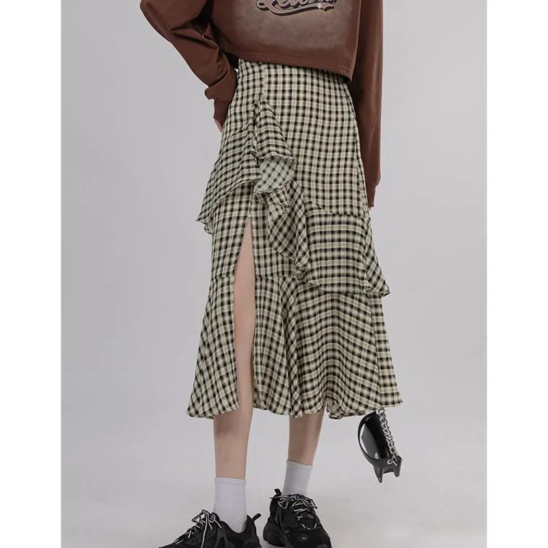 

Юбка-годе Женская клетчатая с завышенной талией, юбка трапециевидная с разрезом, повседневная, модная и случайная