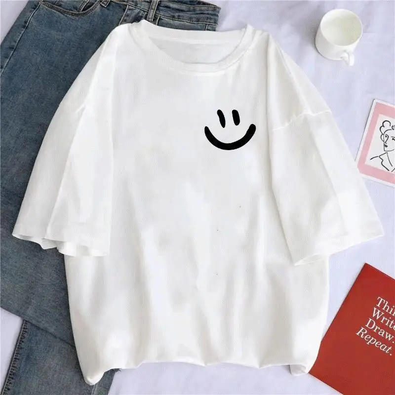 

100% Cotton TShirt Short Sleeve Oversized T-Shirts 2022 Summer New Harajuku Anime Kawaii Smile Print Loose T Shirt Women Tops