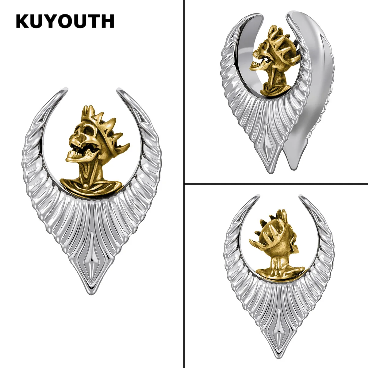 Фото KUYOUTH Винтажные латунные тоннели для ушей в стиле «Король Черепов», унисекс, панк-готика, расширители для ушей, пирсинг-украшения №3