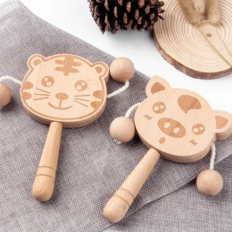 

D7YD Beech Hand Drum Rattle Shaking Rattle Bell for Baby Infant Teething Pain Relief Handheld Teether Toddlers Chewing Toy