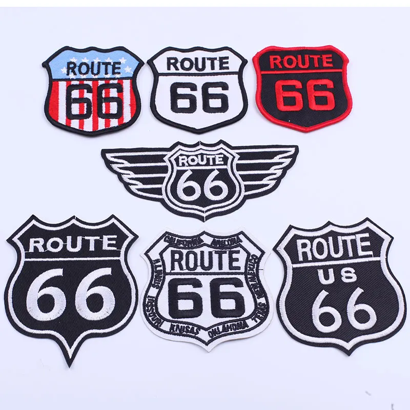 

Iron on US ROUTE 66 Motorcycle Patches on Punk Clothes Skull Eagle Wings Embroidered Patch for Clothing Thermoadhesive Stickers