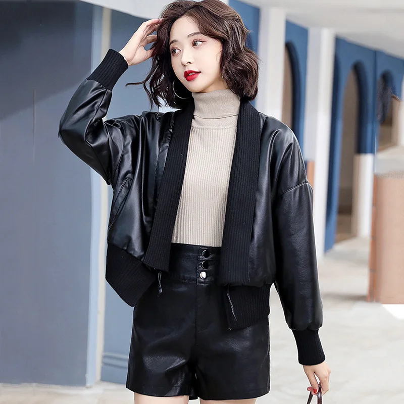 Genuine Leather Jacket Women's Spring Knitted Patchwork Batwing Sleeve Outerwear Casual Drawstring Design Short Sheepskin Jacket