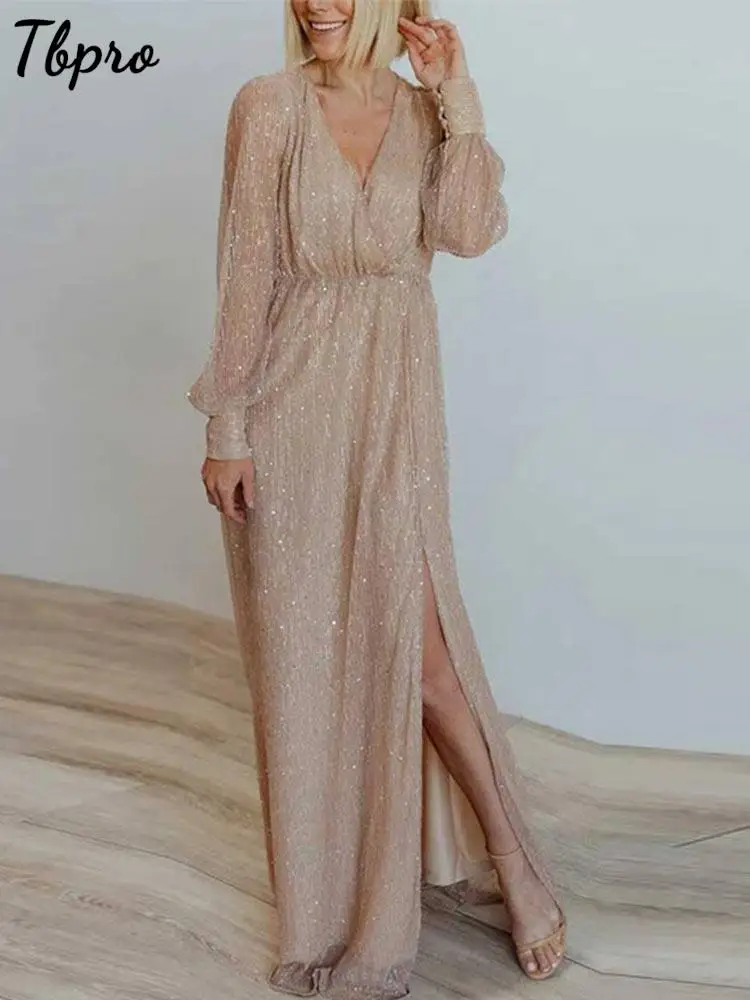 Banquet Sequins Evening Dress Long Sleeve V-neck Split Dress Sexy Loose Mop Length Party Dresses Autumn Pleated Button Robe