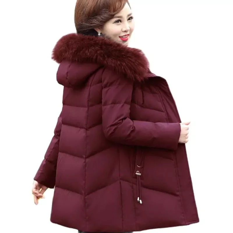

Winter New Middle-Aged Mother Down Cotton Coat Mid-Length Big Hair Collar Female Outerwear Zipper Pocket Thicken Ladies Jcket