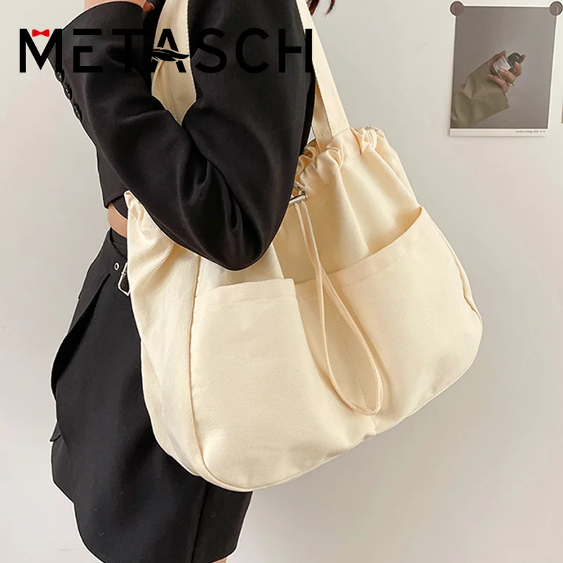 

METASCH Canvas Bag 2022 New Fashion Summer Shoulder Women's Bag Large Capacity Versatile Leisure Tote Bag Solid School Bag