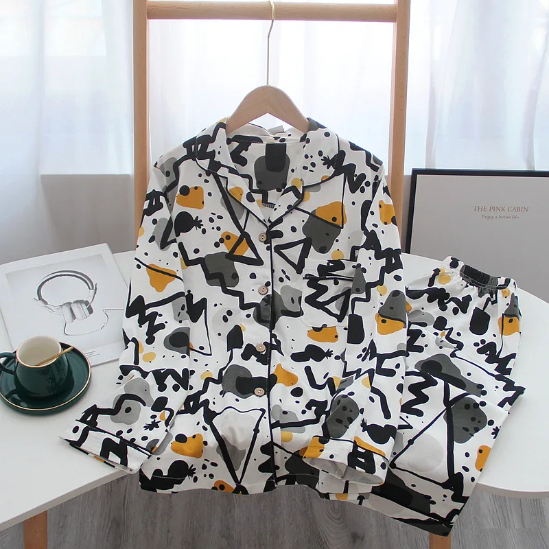 Ladies Pure Cotton Simple Floral Loose Pajamas Cover Printing Long-sleeved Home Service Two-piece Set Pyjamas Women