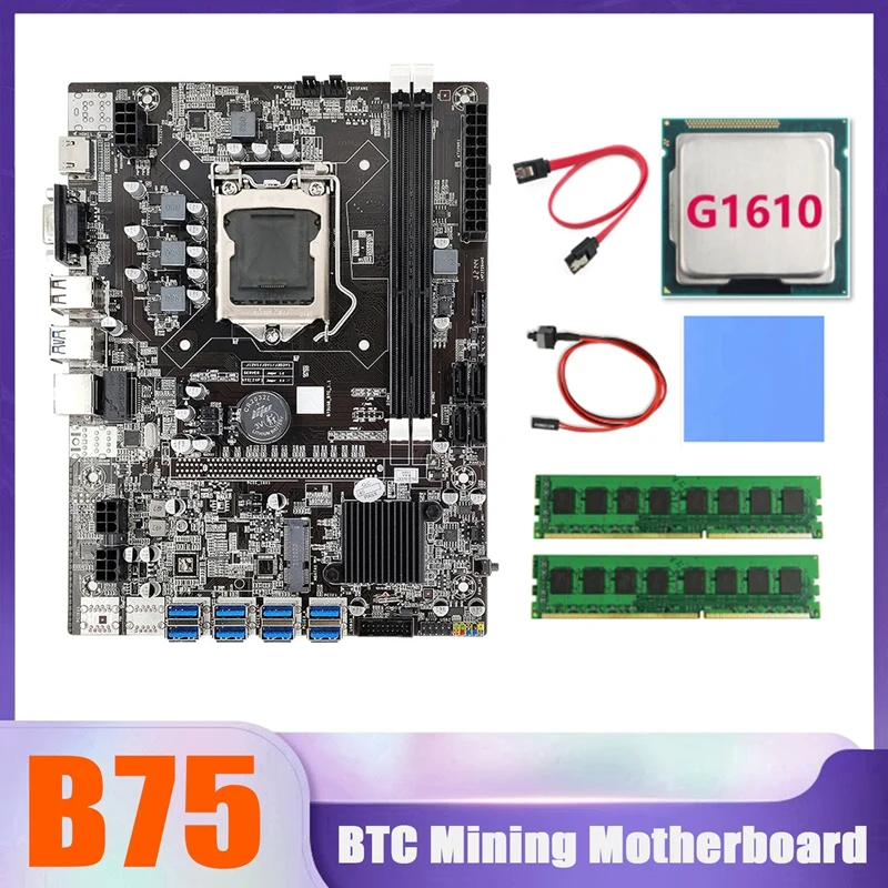 

B75 BTC Miner Motherboard 8XUSB+G1610 CPU+2XDDR3 4G 1333Mhz RAM+SATA Cable+Switch Cable+Thermal Pad B75 USB Motherboard