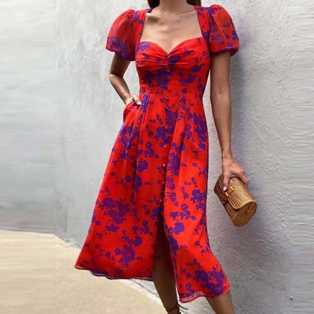 

Vintage Floral Dress Summer Square Collar Elegant Lantern Sleeve Ruched Casual Maxi Dresses Sexy Long robe femme été vestidos