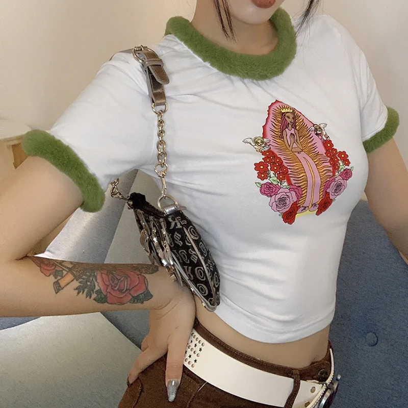 

T-shirt New Summer Round Collar Printed Casual Short Sleeve T-shirt Y2k Aesthetic Crop Top Women Plush Sleeves Graphic T Shirts