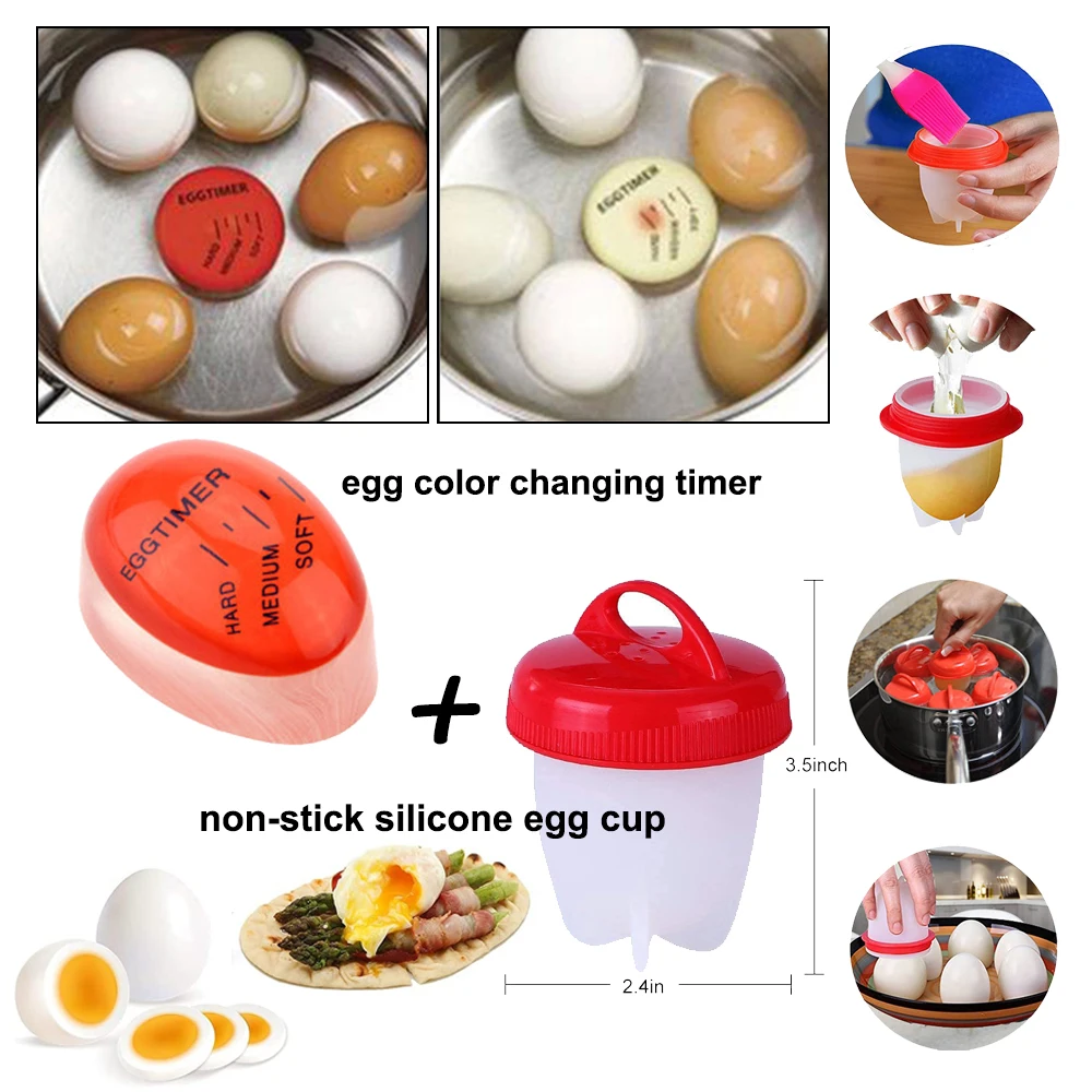 

Egg Perfect Color Changing Timer Non-Stick Silicone Egg Cup Set Yummy Soft Boiled Eggs Cooking Kitchen Egg Timer Red Timer Tools