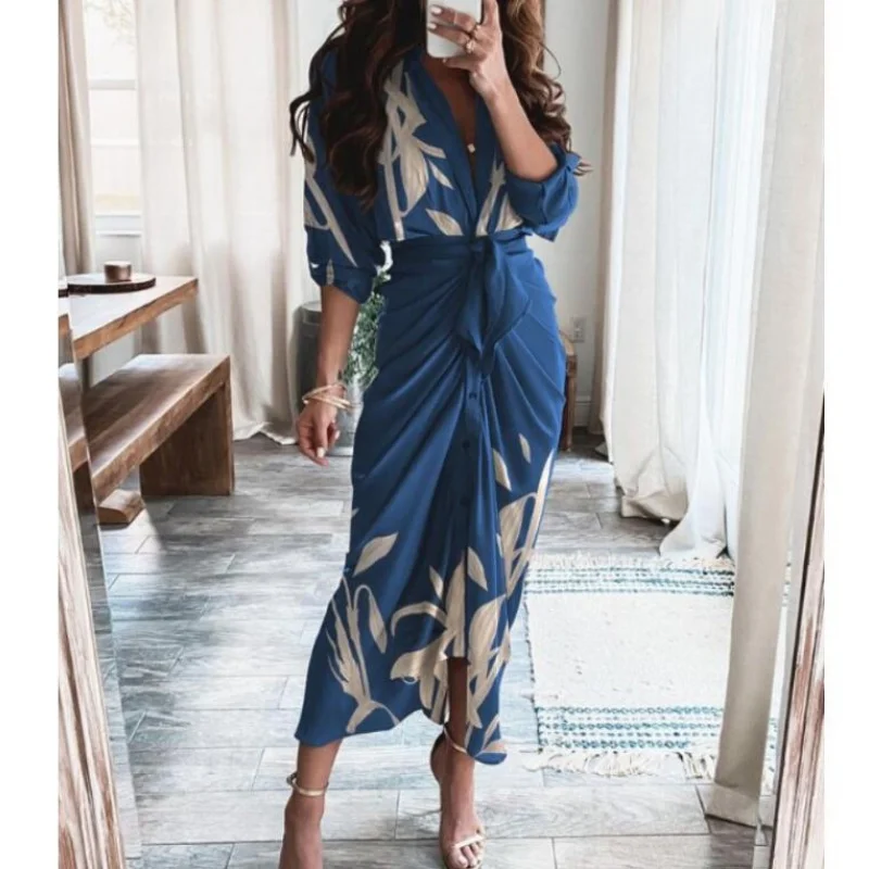 

GLAUKE Women Print Dress Short Sleeve Shirt Dress Fashion High Waist Streetwear Elegant Ladies Clothing Vintage Dresses
