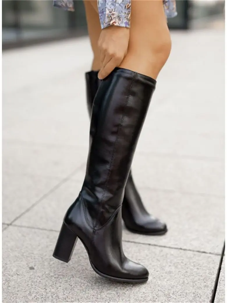 Women Boots 2022 Winter Designer Luxury Faux PU Fashion High Heels Round Head Women Shoes Zip Elegant Lady Knee High Boots