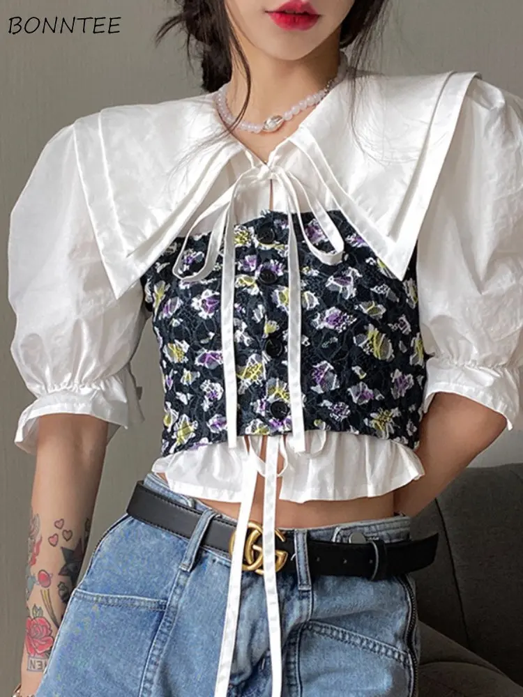 

Shirt Camis Sets Women Flowers Lace-up Sweet Vintage Hotsweet French Style Hollow Out Simple All-match Stylish Summer Ladies New