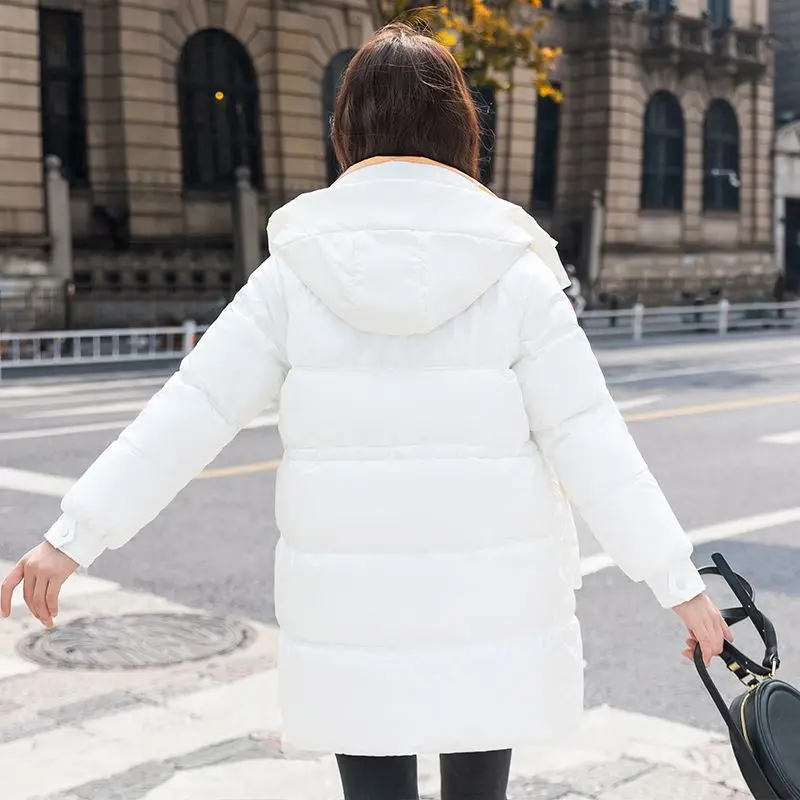Winter Coats Women Loose Fit Mid-Long Hooded Thickened Warm Down Cotton Jacket Casual Pocket Ladies Parkas Buttons Zipper S69