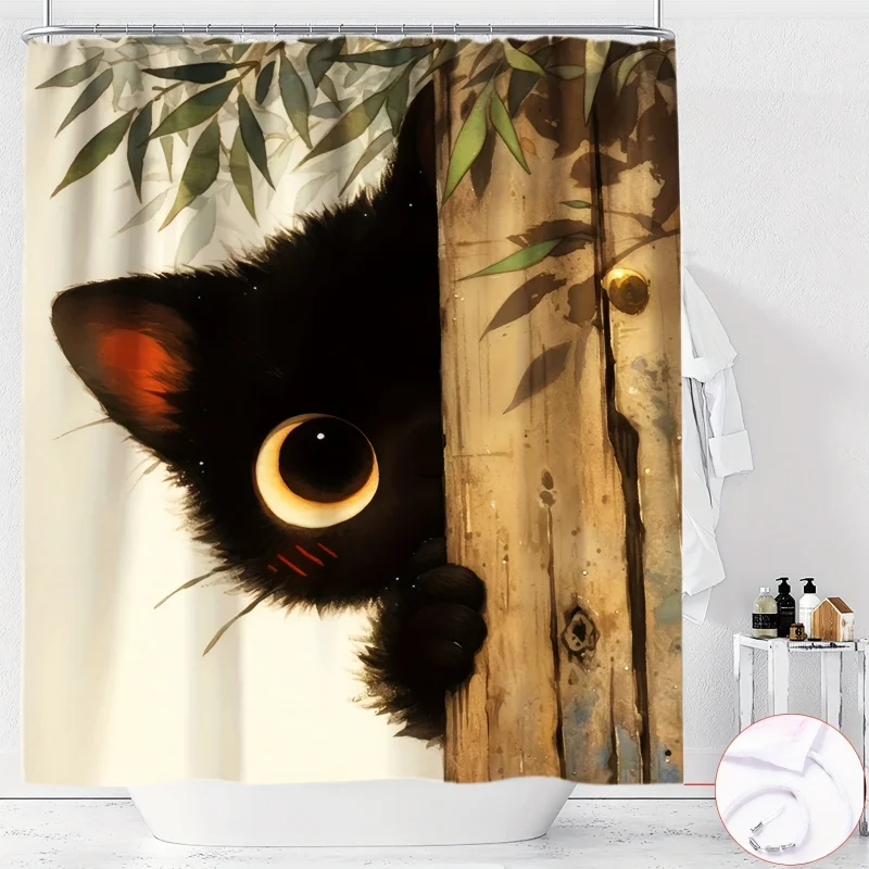YWJHUI занавеска для душа с черным котом из мультфильма милый застенчивый котенок