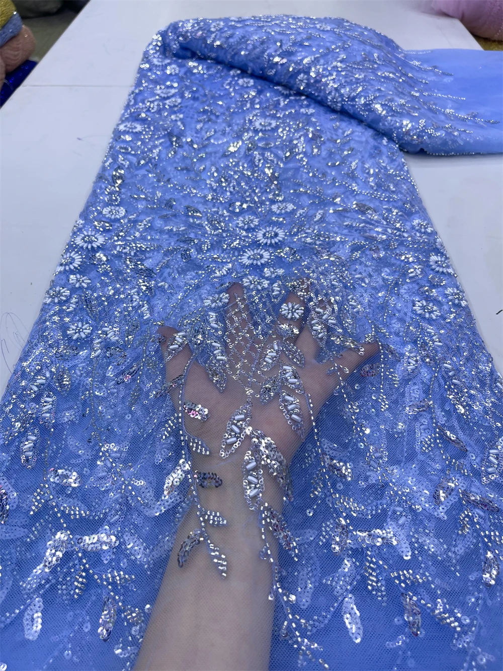 Африканская кружевная ткань ручной работы с блестками и бисером нигерийская 2024