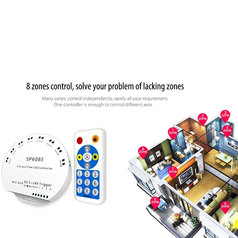 SP608E WS2812B Музыкальный контроллер 8-канальный выходной сигнал WS2811 WS2815 Светодиодная
