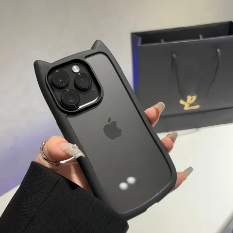 Прозрачный чехол с милыми кошачьими ушками для iPhone 17Air 12 13 14 15 16 Pro Max 11, противоударная акриловая задняя крышка, силиконовый кавайный чехол