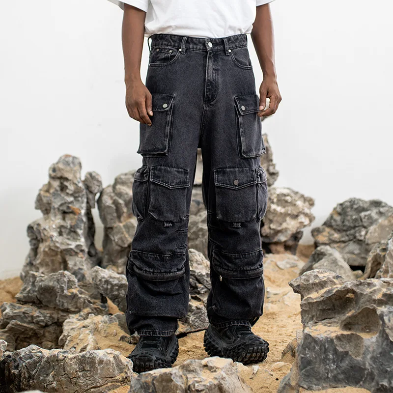 

Джинсы мужские с несколькими карманами, уличная одежда, модные Свободные повседневные винтажные утепленные брюки-карго из денима, мешковатые джинсовые штаны, длинные брюки