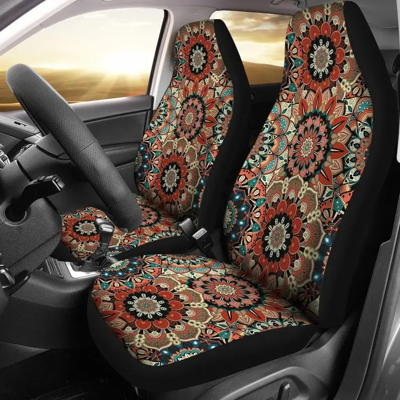

Brown Red Mandalas Boho Boho Chic Bohemian Car Seat Covers Pair, 2 Front Seat Covers, Car Seat Protector, Car Accessories