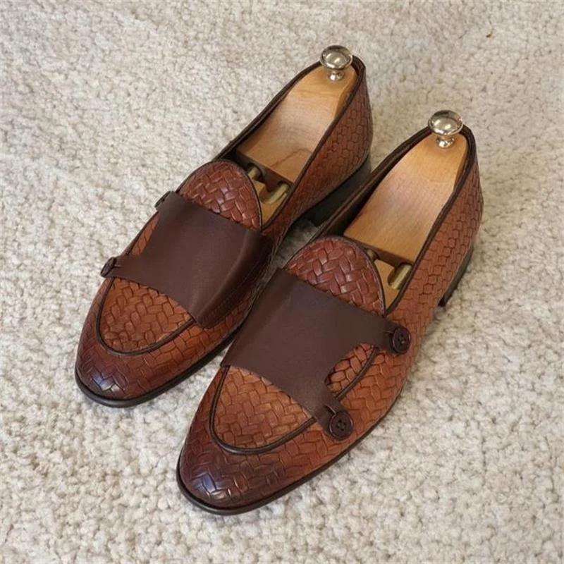 

Loafers Men Shoes Pu Leather Black Brown Classic Casual Wedding Party Daily Woven Pattern Double Button Fashion Dress Shoes
