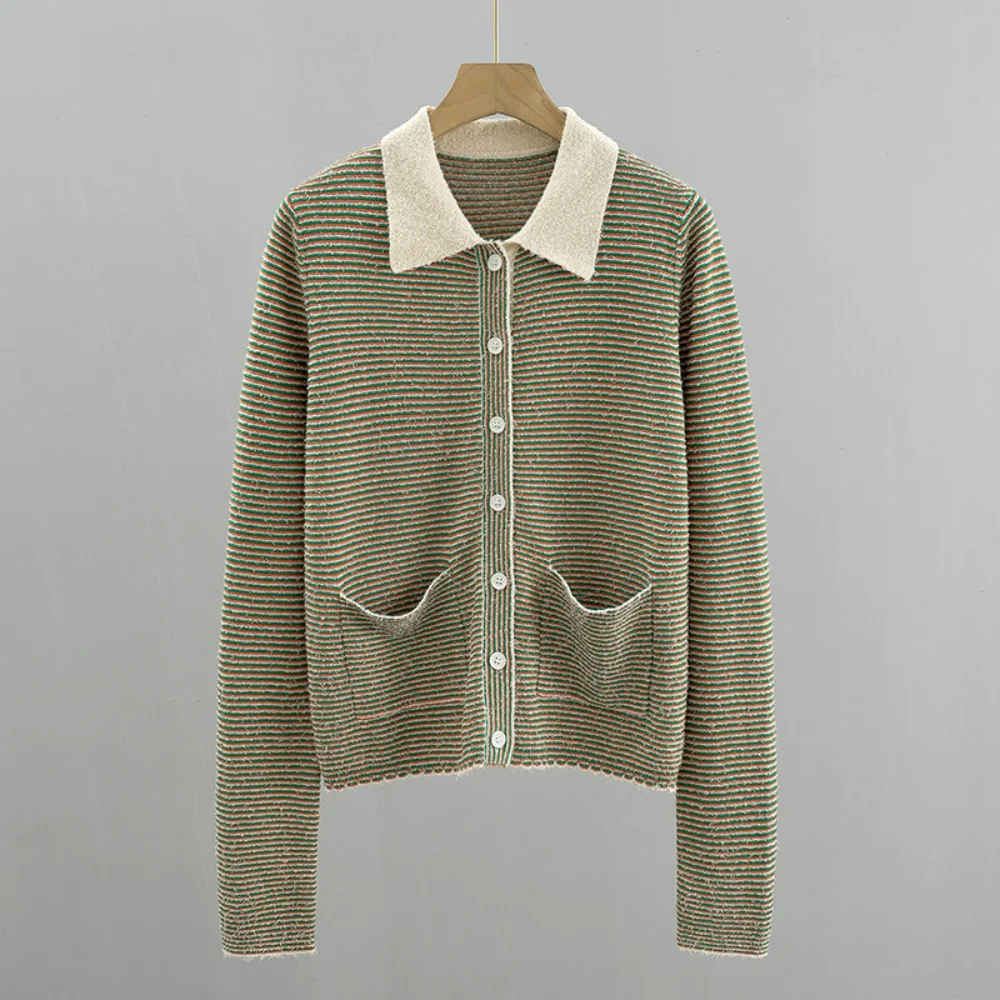 

2023 Retro Three-dimensional Wool Contrast Color Pinstripe Lapel Comfortable Cotton Knit Cardigan Women