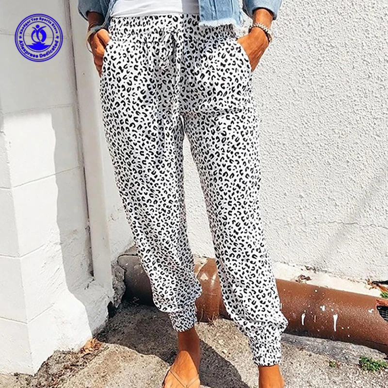 2022 Summer Women Daily Leopard Printed Trousers with Pockets Drawstring Waist Loose Ankle-tied Long Pants Streetwear Bottoms