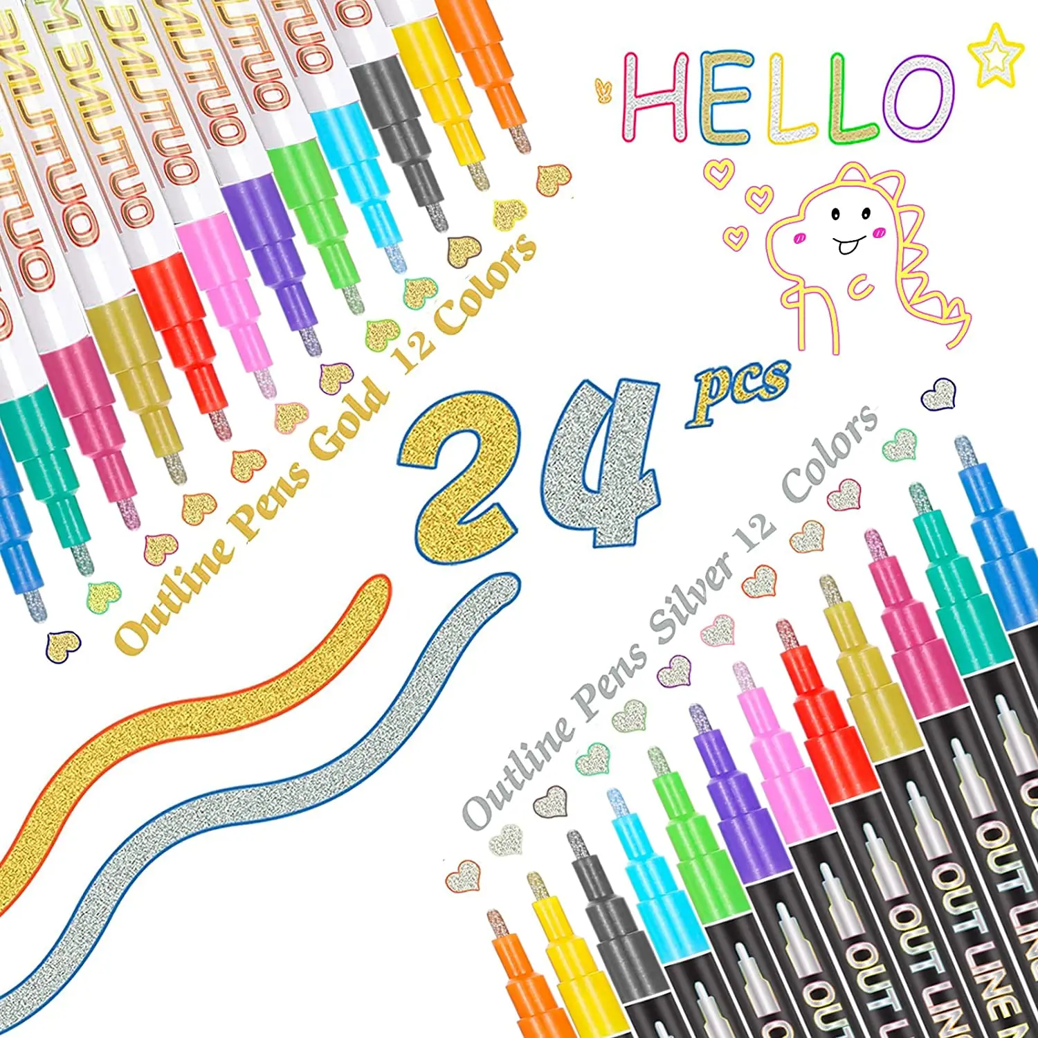24 Colors Outline Marker Set 12 Golden 12 Silver Double Line Outline Pens Markers For Painting