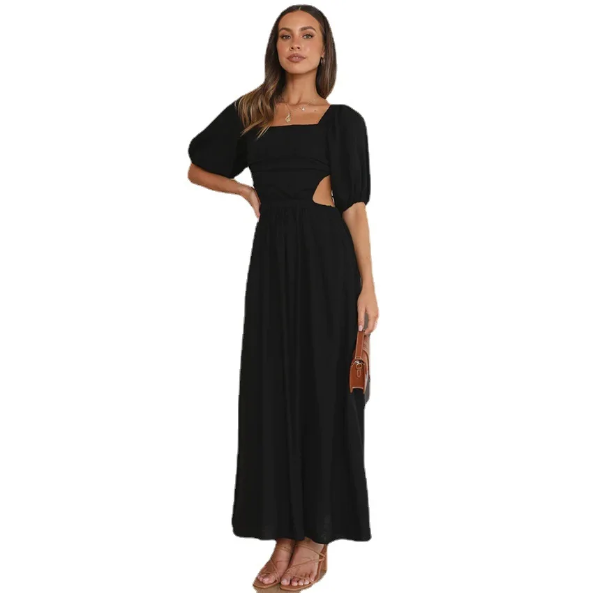 

New Black Square Neck Bubble Sleeve Dress with Open Back Lacing up Pure Cotton Short Sleeve Temperament Long Dress for Women