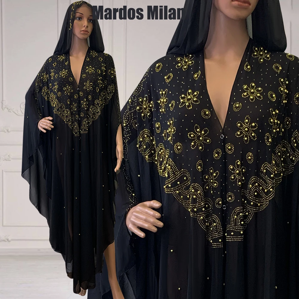 

Muslim Chiffon Beading Open Party Outfit Kaftan Abaya Women Dubai Turkish Stones Hooded Dress Elegant African Loose Boubou Robe