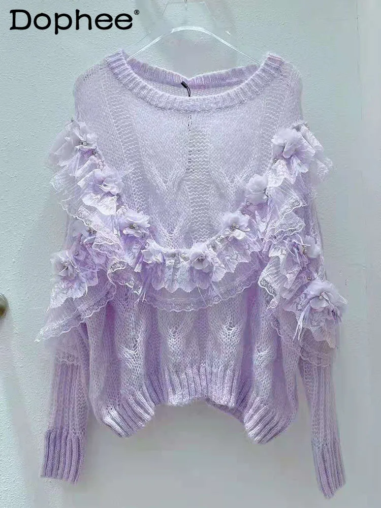 

Heavy Beads All-Match Flowers Knitwear for Women 2022 Spring Autumn New Korean Sweet Lace Ruffled Stitching Purple Sweater Top