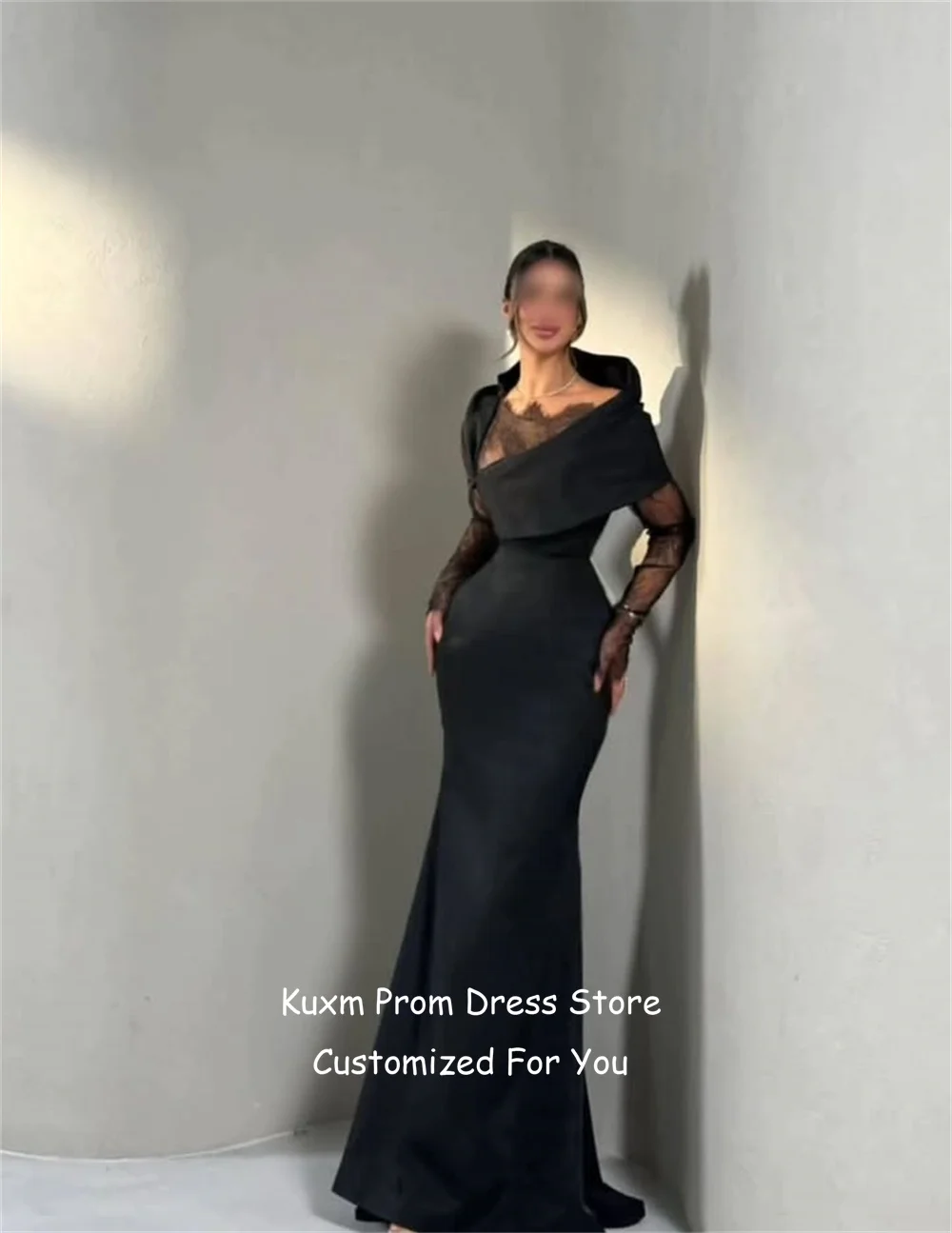 Фото Вечерние платья Kuxm Fashion из атласа, фасон «русалка», с длинными рукавами, кружевные, без бретелек, для выпускного вечера, с рукавами-крылышками, в пол, для вечеринок, на заказ №4