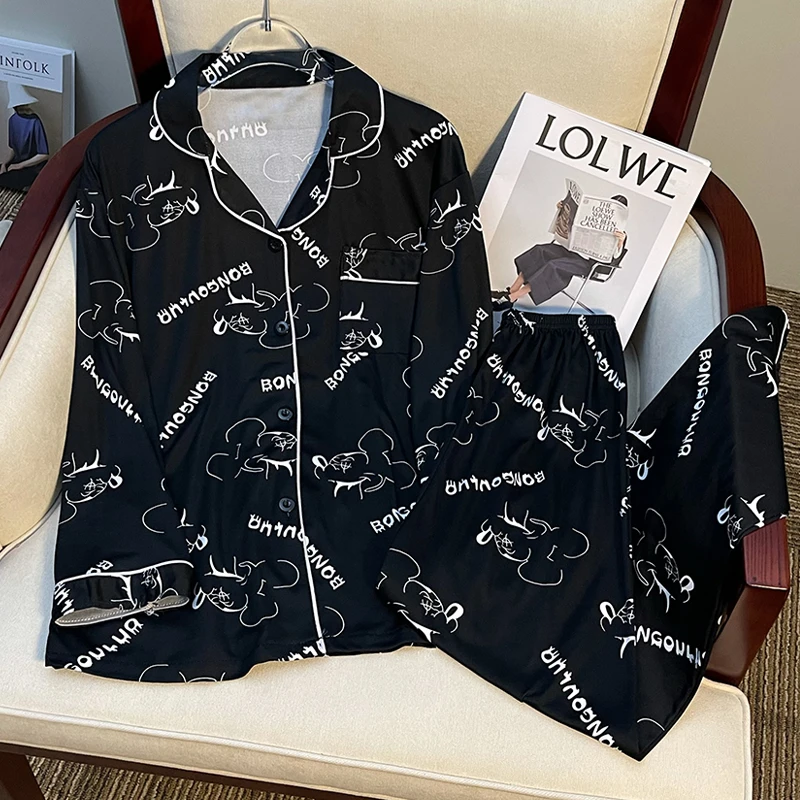 CAIYIER Women's Pajamas Autumn Winter Long Sleeve Cardigan Sleepwear Stripe Cartonn Pajamas Set Girls Kawaii Leisure Nightwear