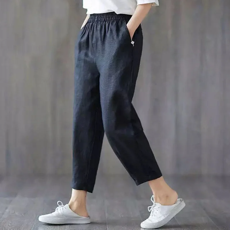 

Rimocy 2022 New Cotton Linen Pants Women Spring Summer Solid Color Harem Pants Woman Elastic Waist Loose Casual Trousers Ladies