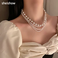 sheishow french vintage multilayer pearl crystal necklace for women fashion light luxury clavicle chain trendy party jewelry