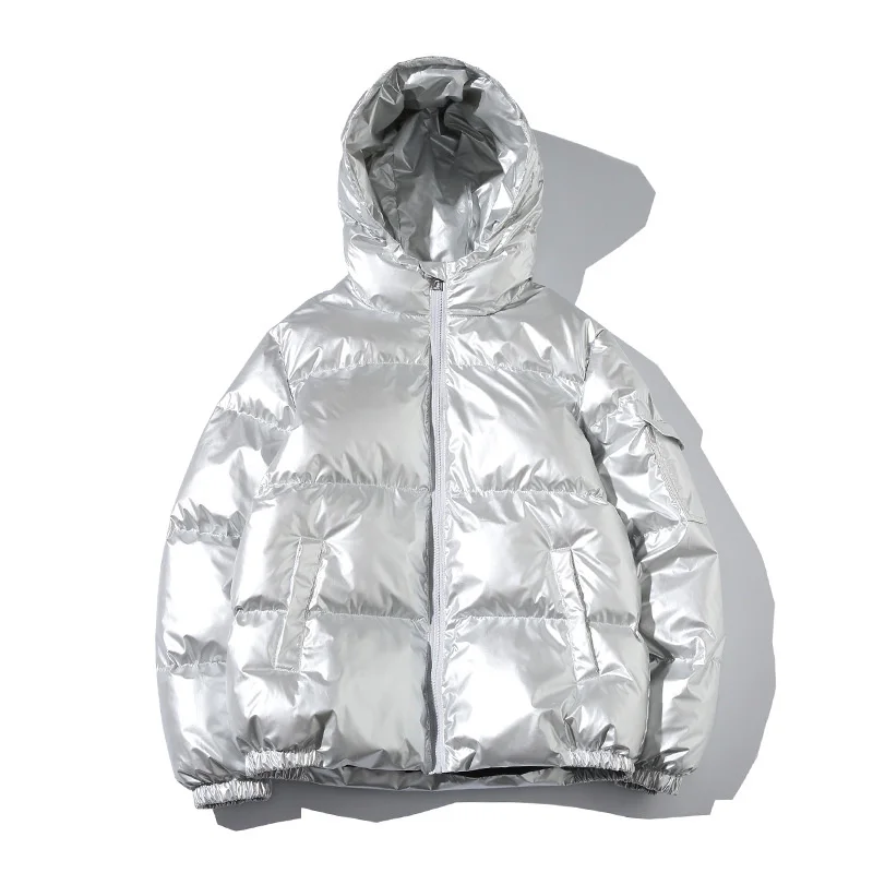 Mens White Shiny Hooded Coat Thick Plus Size Short Cotton Puffy Silver Reflective Coat Male Winter Parka Boys Quilted Jacket 4xl