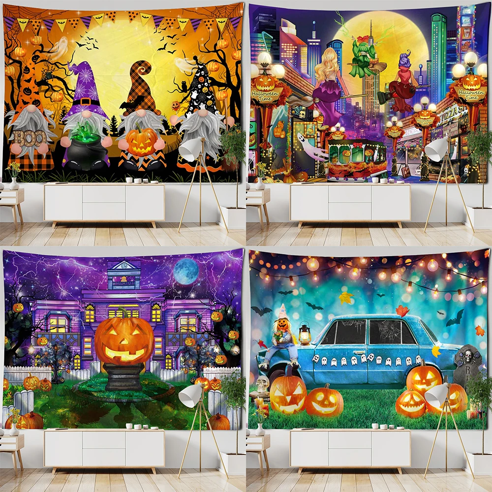 

Scary Spooky Castle Pumpkin Tapestry Bedroom Living Room Dining Room Wall Decor Backdrop Cloth Funny Halloween Tapestry