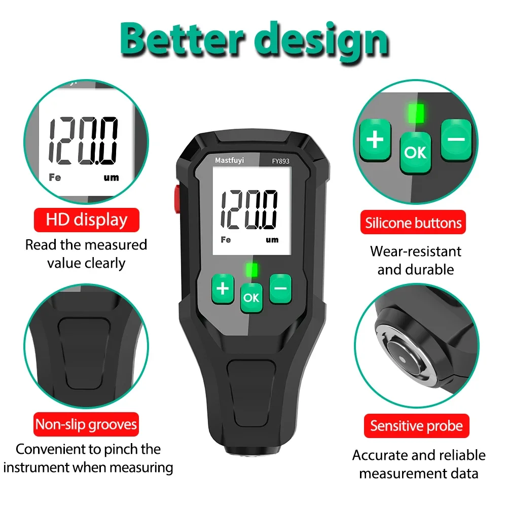 MASTFUYI FY893 Толщиномер покрытия Цифровой измеритель толщины Автомобильная краска