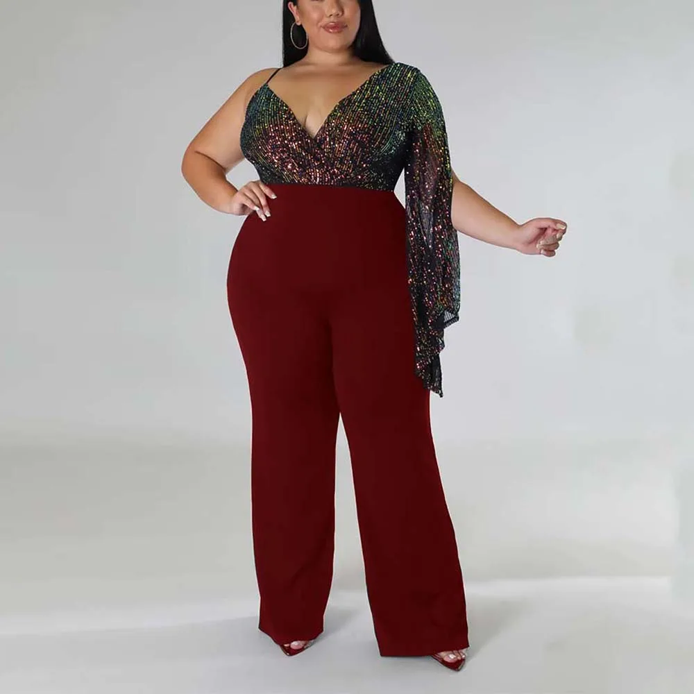 

4xl 5xl Jumpsuits & Rompers for Women Autumn Winter New V Neck Sleeveless High Waisted Sequined Luxury Party Christmas Overalls