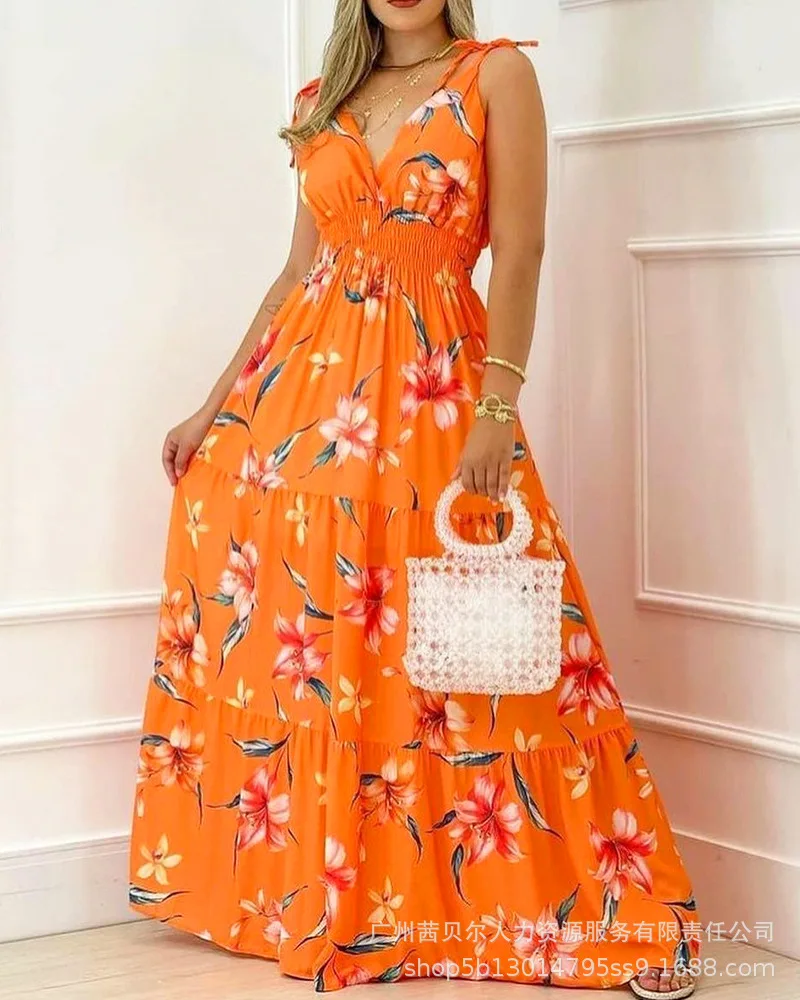

2022 Fashion New Women's Summer Printed Hem V-Neck Maxi Dress