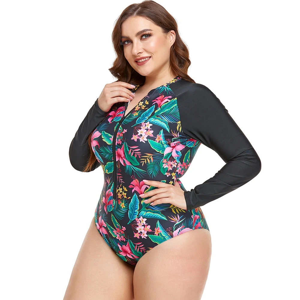 

Womens RashGuard Plus Size Bikini Swimwear Long Sleeve Zipper Front Beachwear Patchwork Surf Bathing Suit Floral Printed