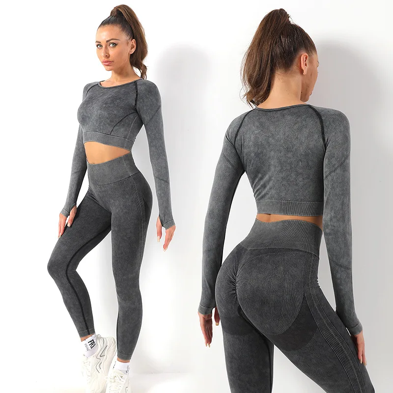 

Women Seamless Sport Suit 2PC Naked Feel Long Sleeve Gym Push Up Hip Lifting Leggings Set For Jogging Conjunto Deportivo Mujer