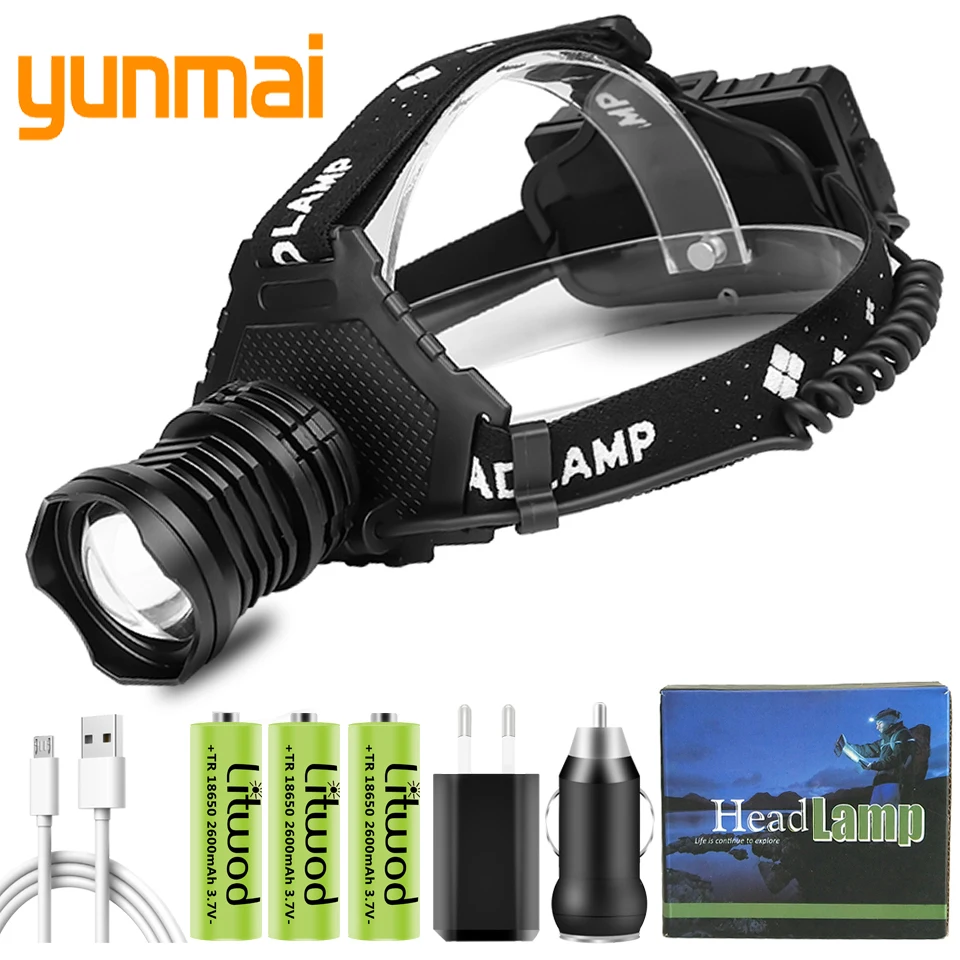

Xhp90 Led Headlamp Headlight Power Bank Head Lamp Flashlight 3 Pcs 18650 Battery Bulbs Zoom in / Out Lithium Ion Litwod 10 Hours