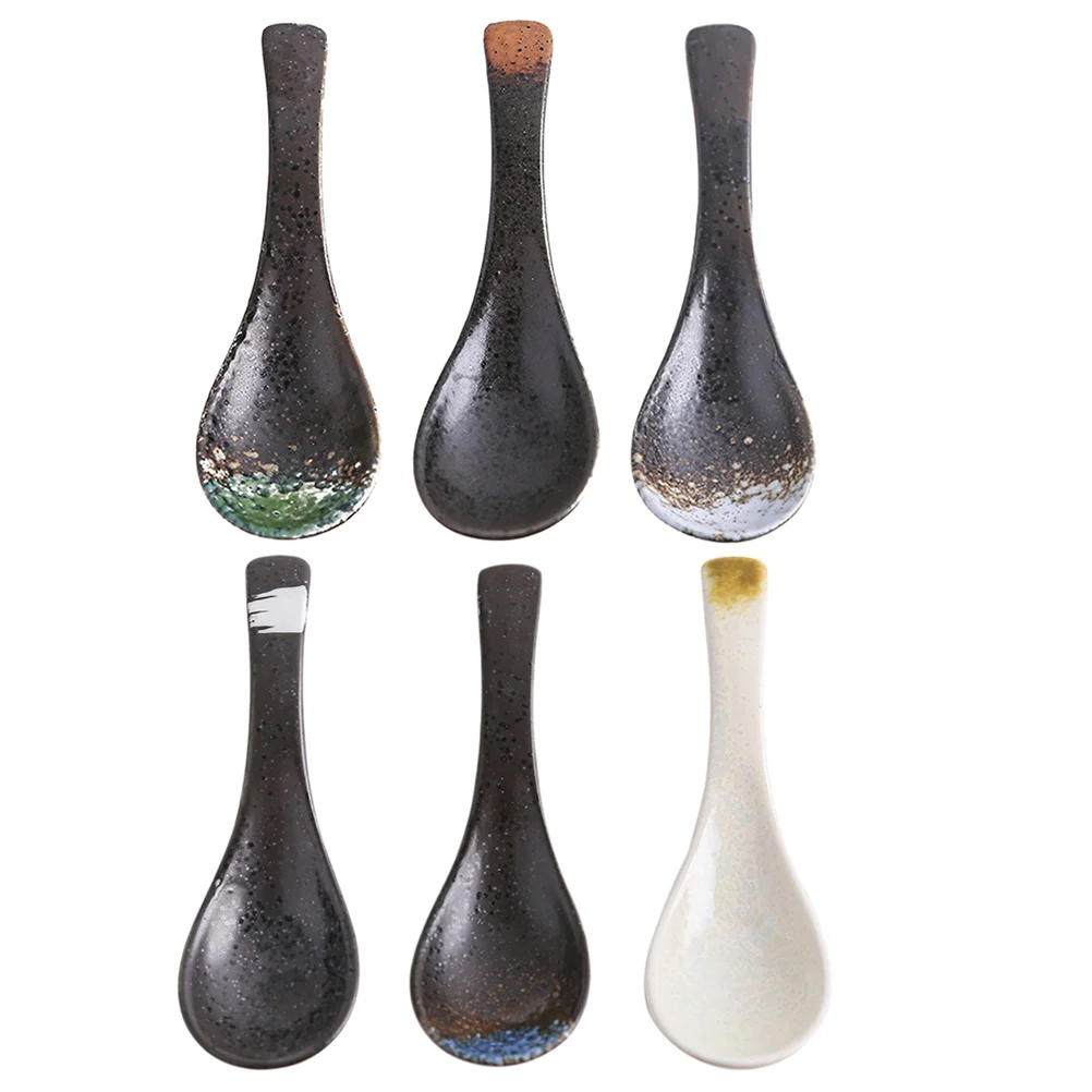 

6pcs Ceramic Japanese Style Kitchen Spoons Rice Soup Spoons Kitchen Supplies