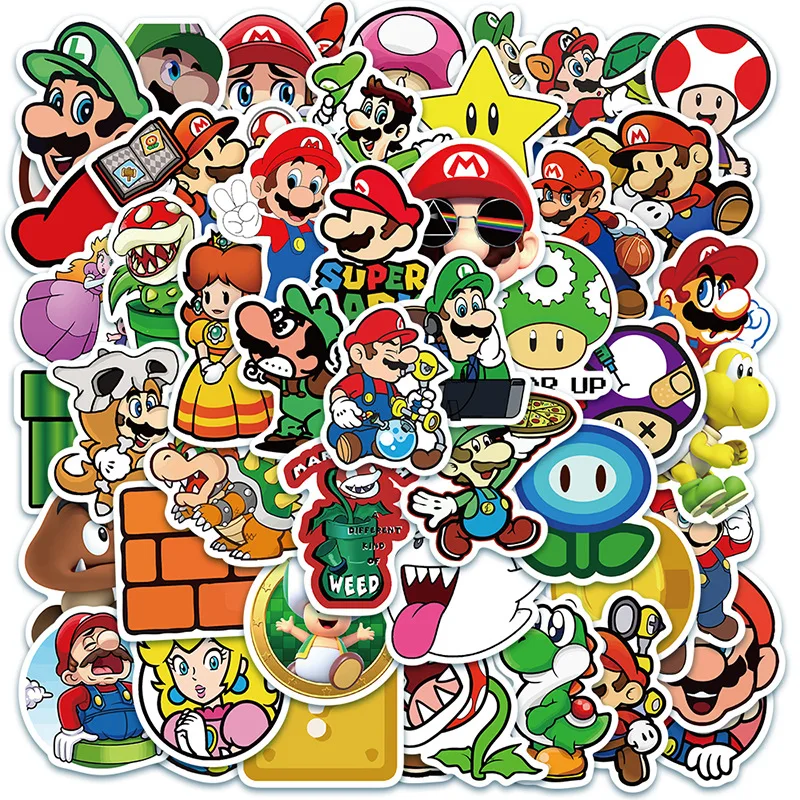 

50pcs/set Mario Bros Graffiti Stickers Super Mario Mobile Trolley Water Cup DIY Sticker Cartoon Waterproof Sticker Birthday Gift