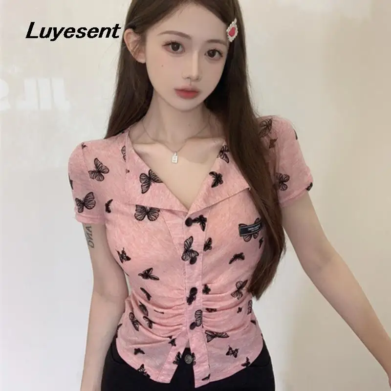 

Женская рубашка с коротким рукавом, розовая однобортная приталенная рубашка в Корейском стиле с бабочками, Y2k, лето 2023