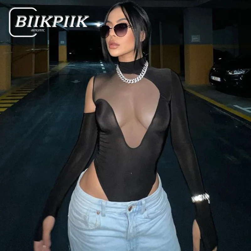 

BIIKPIIK Sexy Mesh Patchwork Women Bodysuits Hollow Out Top Clubwear Rompers Sporty Fitness One Piece Outfits Sheer Hot Clothing