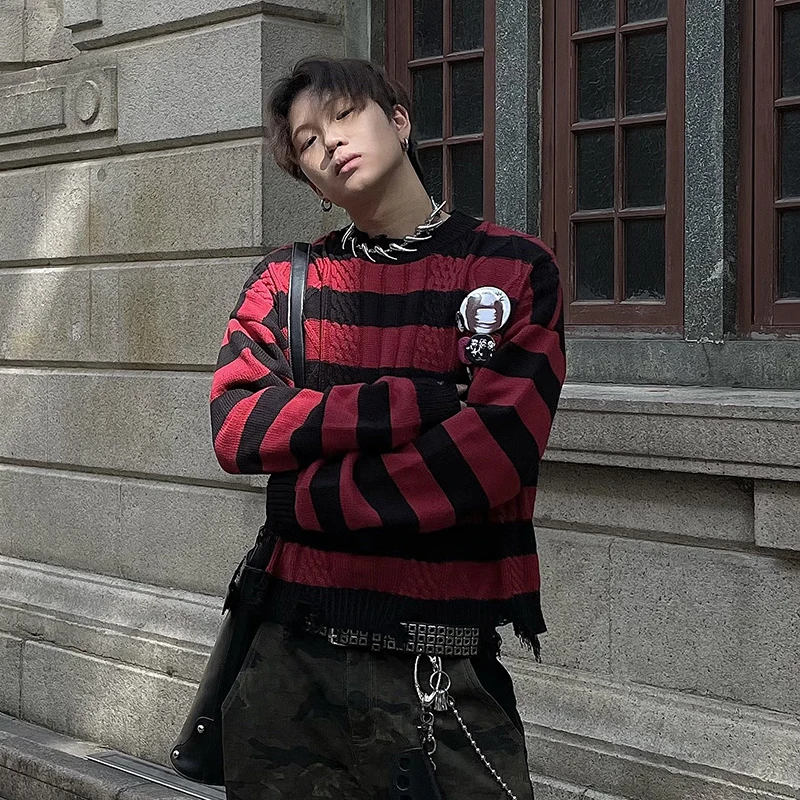 PFNW High Street винтажный потертый свитер в черно-красную полоску мужской свободный